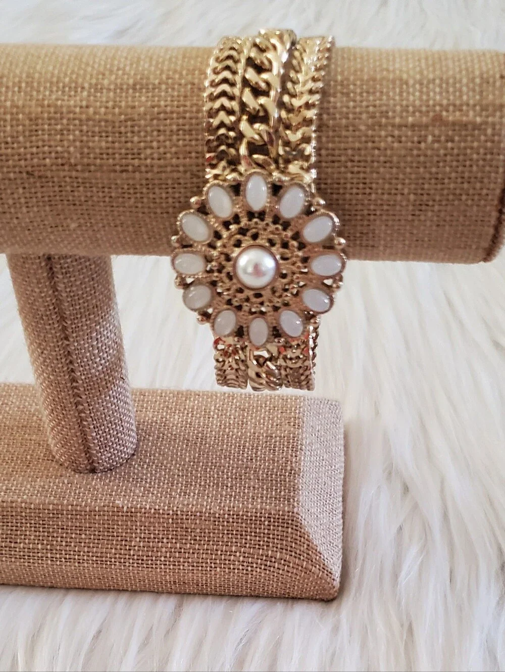 ​WHBM Gold-Tone Chevron & Curb Chain Faux Pearl Flower Medallion Bracelet